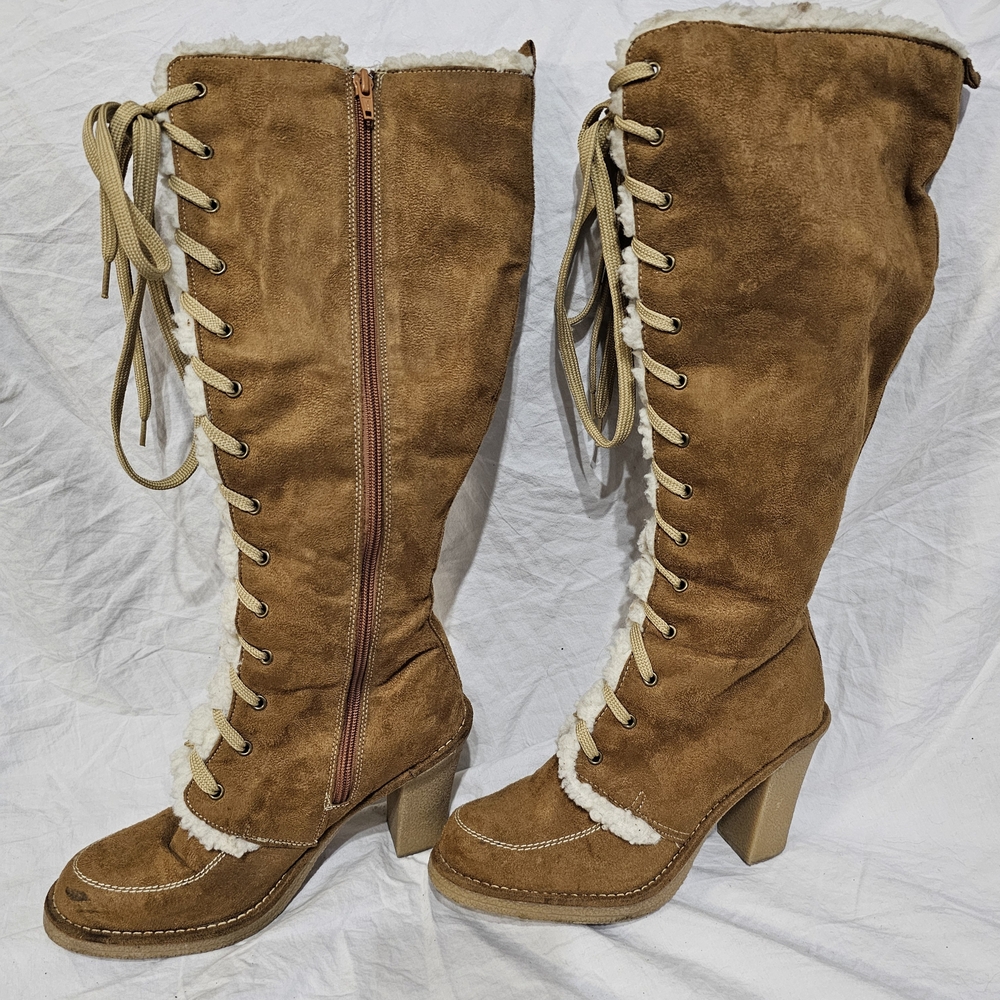Soda Tan Brown Lace Up Boots with Chunky Heel